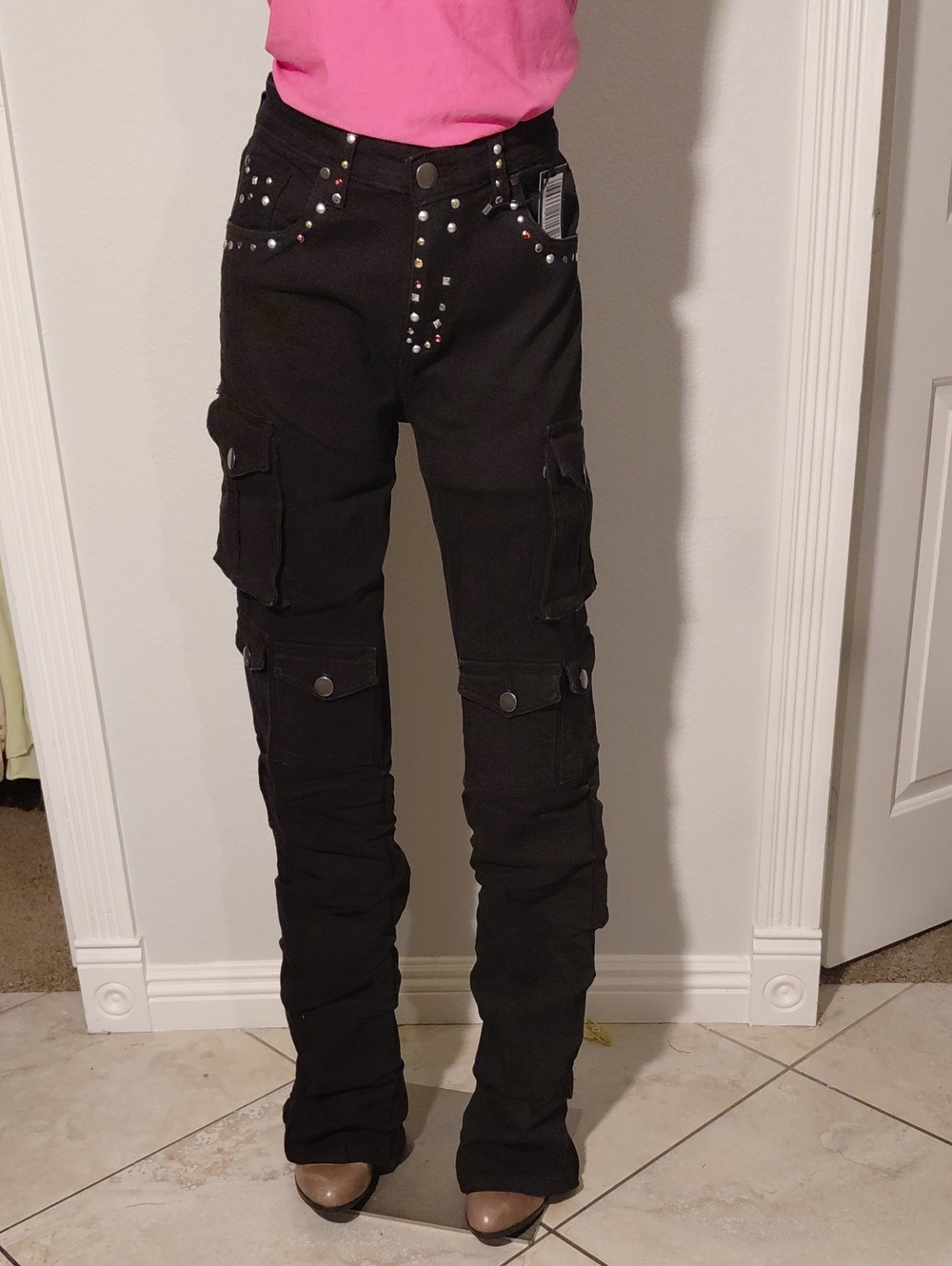 Black Cargo Jeans w/Stud Detail